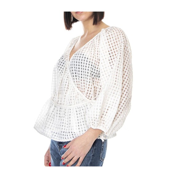 LEVIS Top Women M Delilah Wrap Surplice Blouse Peplum Sheer Windowpane Off White - Picture 6 of 10